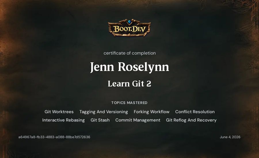 Jenn Roselynn's Boot.dev Learn Git 2 certificate