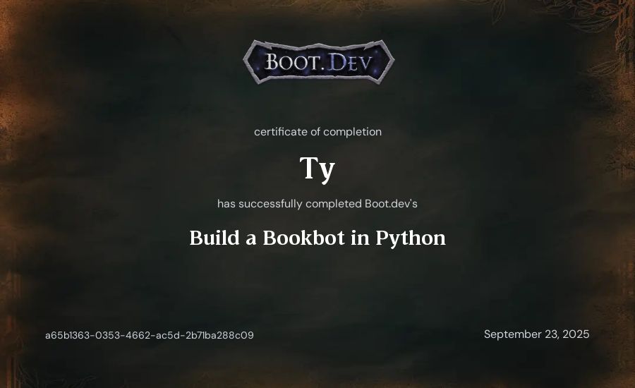 Ty's Boot.dev Build a BookBot in Python certificate