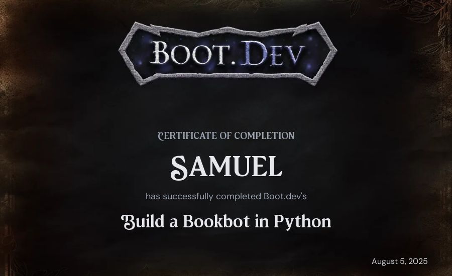 SAMUEL's Boot.dev Build a BookBot in Python certificate