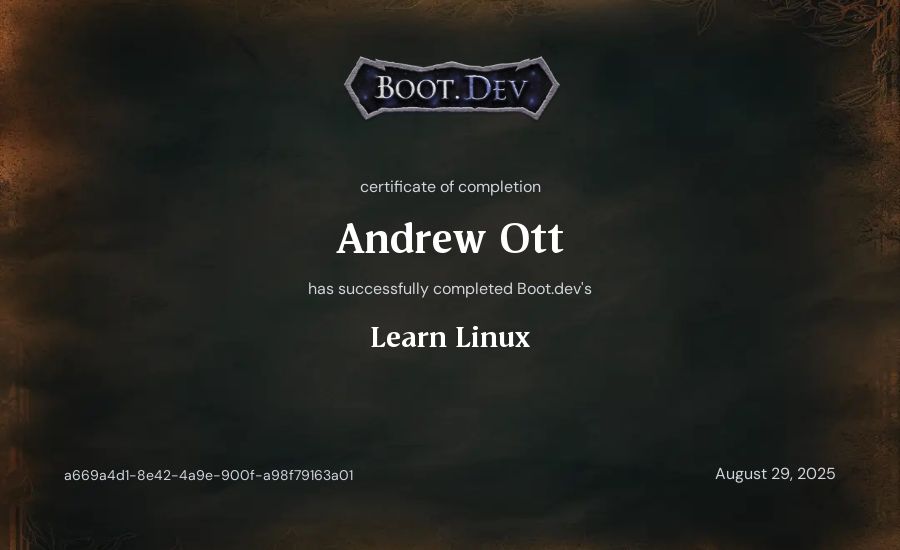 Andrew Ott's Boot.dev Learn Linux certificate