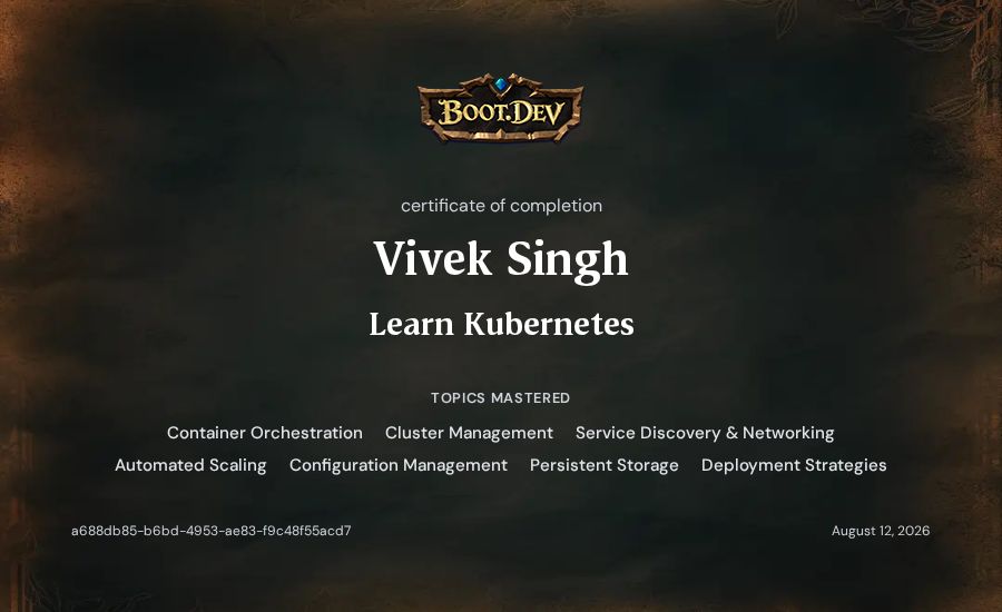 Vivek Singh's Boot.dev Learn Kubernetes certificate