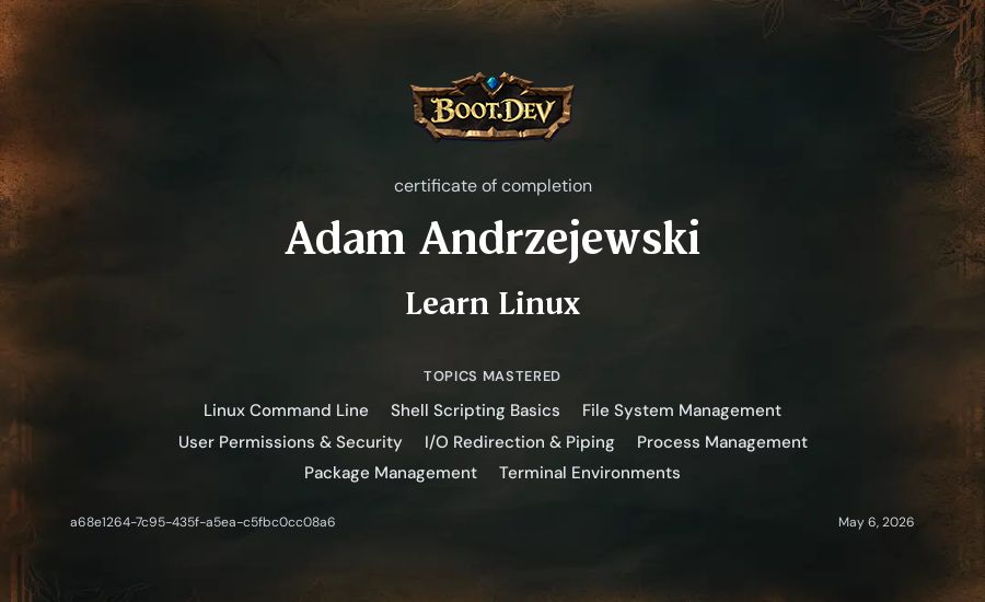 Adam Andrzejewski's Boot.dev Learn Linux certificate