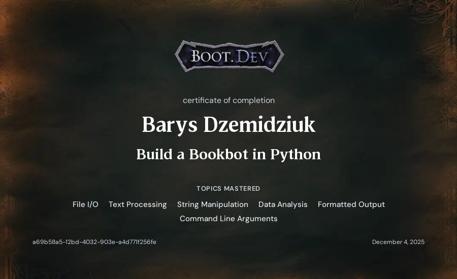 Barys Dzemidziuk's Boot.dev Build a BookBot in Python certificate