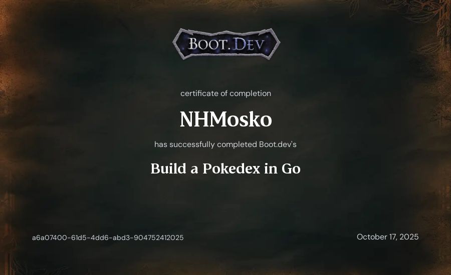 NHMosko's Boot.dev Build a Pokedex in Go certificate