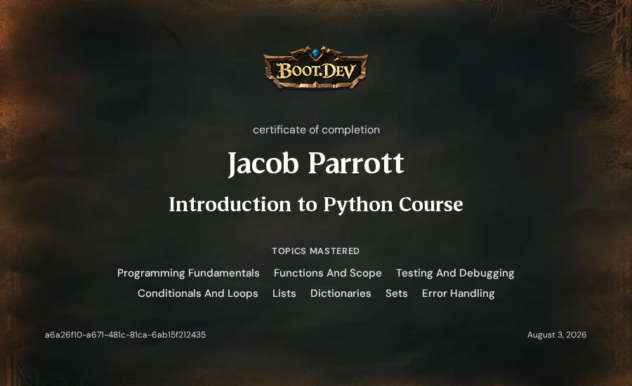 Jacob Parrott's Boot.dev Introduction to Python Course certificate