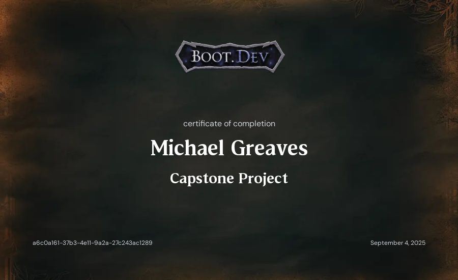 Michael Greaves's Boot.dev Capstone Project certificate