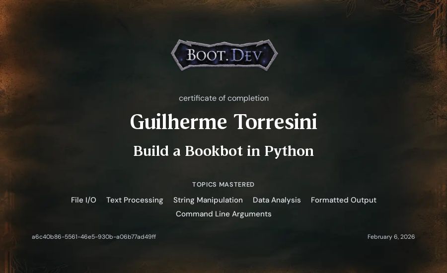 Guilherme Torresini's Boot.dev Build a BookBot in Python certificate