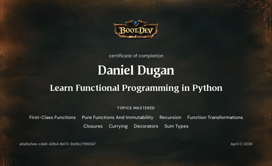 Daniel Dugan's Boot.dev Learn Functional Programming in Python certificate