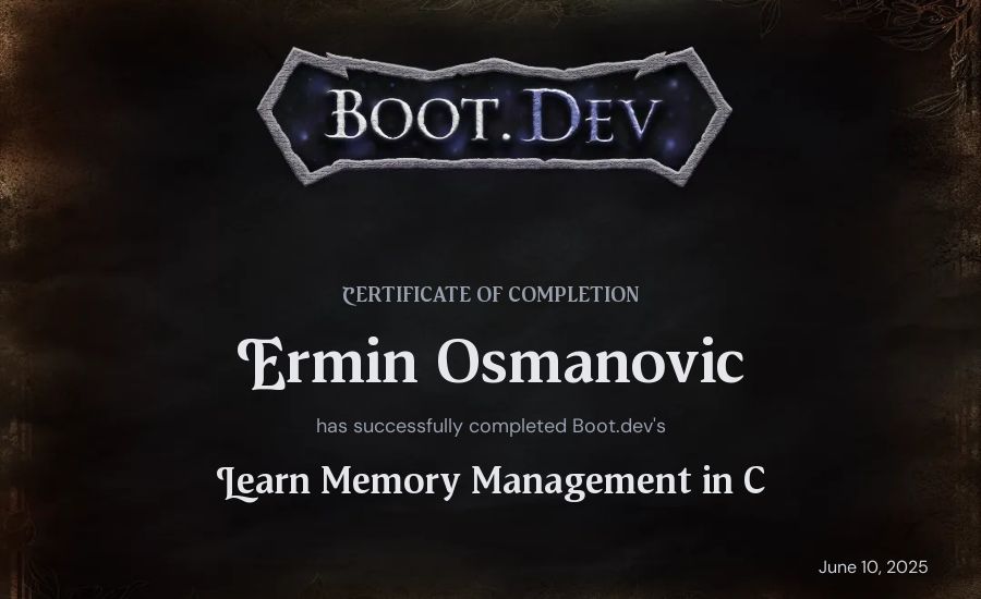 Ermin Osmanovic's Boot.dev Learn Memory Management in C certificate