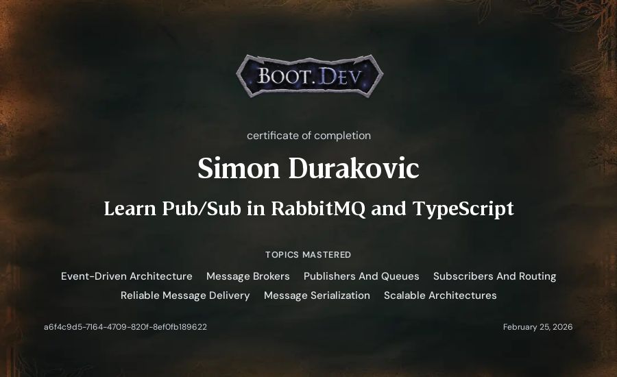 Simon's Boot.dev Learn Pub/Sub in RabbitMQ and TypeScript certificate