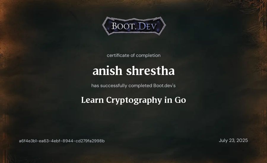 anish shrestha's Boot.dev Learn Cryptography in Go certificate
