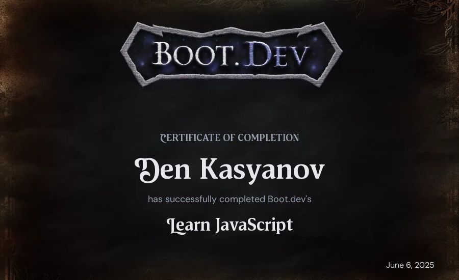 Den Kasyanov's Boot.dev Learn JavaScript certificate