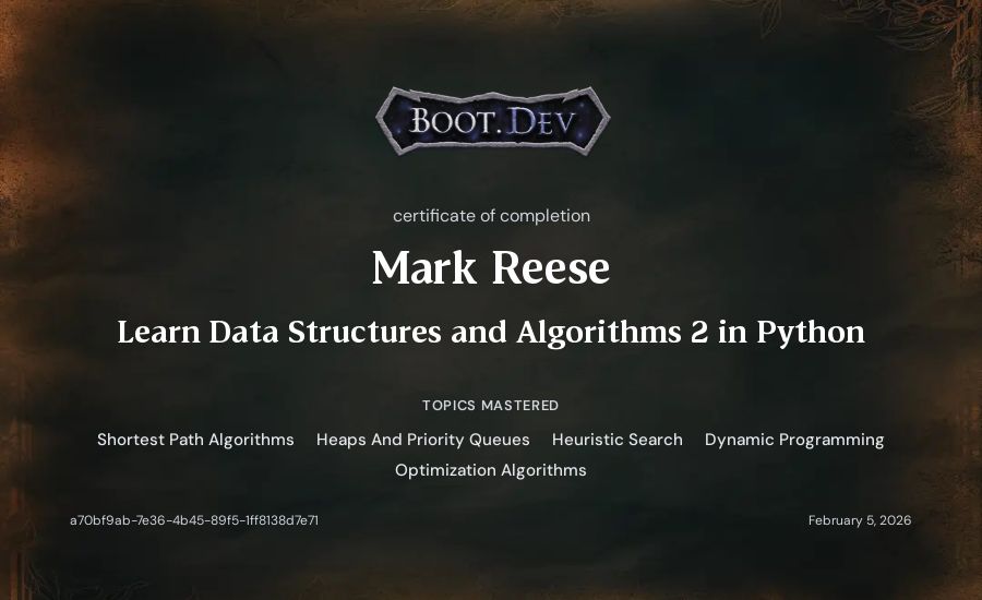 Mark Reese's Boot.dev Learn Data Structures and Algorithms 2 in Python certificate