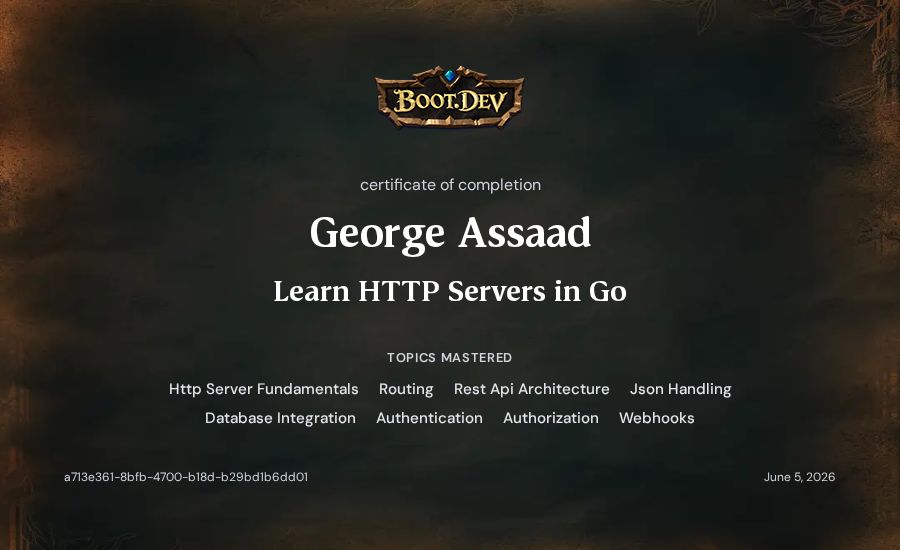 George Assaad's Boot.dev Learn HTTP Servers in Go certificate