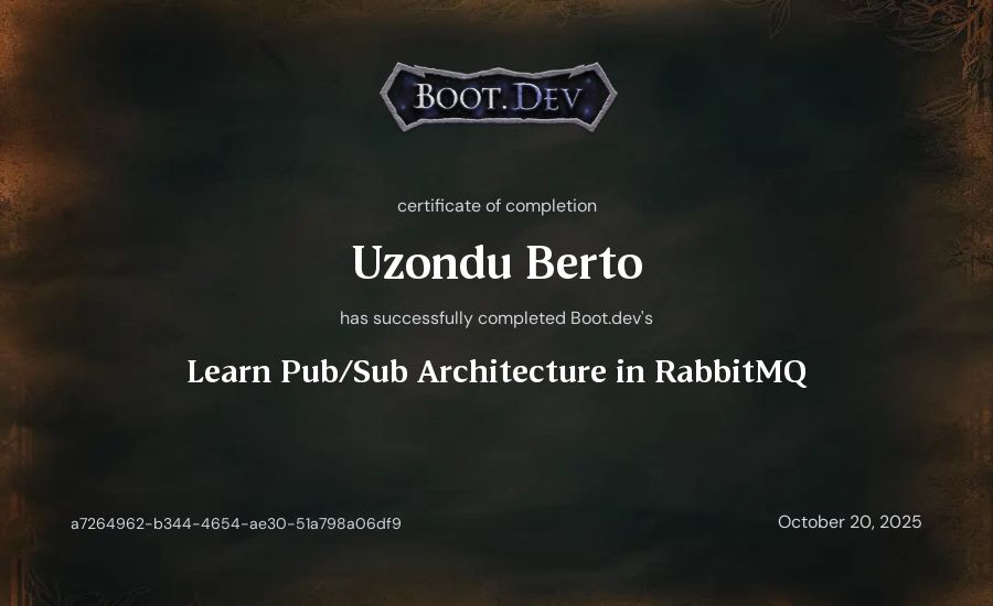 Uzondu Berto's Boot.dev Learn Pub/Sub in RabbitMQ and Go certificate
