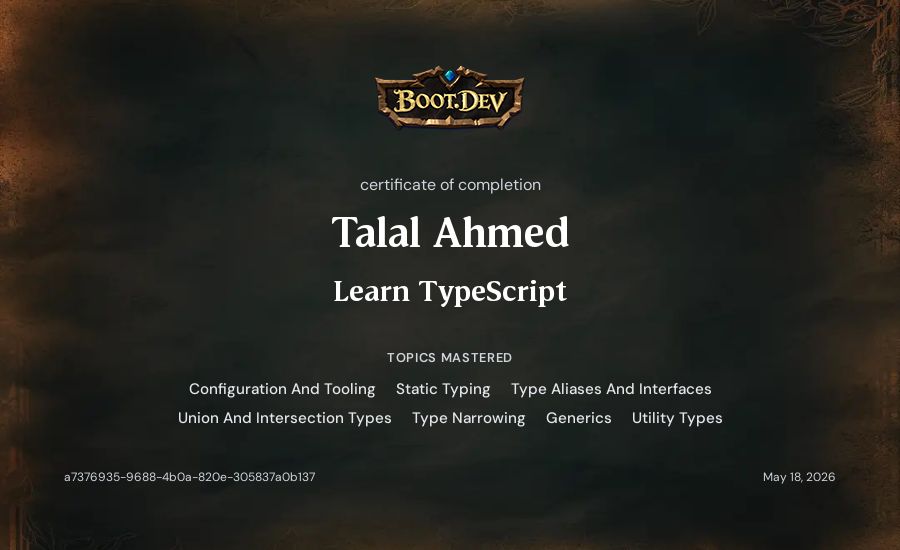 Talal Ahmed's Boot.dev Learn TypeScript certificate