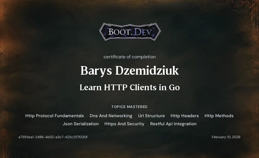 Barys Dzemidziuk's Boot.dev Learn HTTP Clients in Go certificate