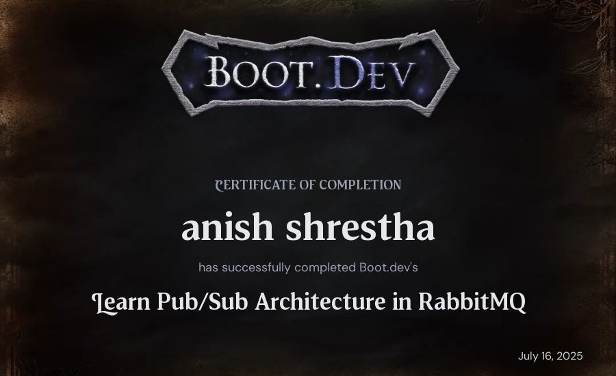 anish shrestha's Boot.dev Learn Pub/Sub in RabbitMQ and Go certificate