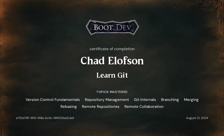 Chad Elofson's Boot.dev Learn Git certificate