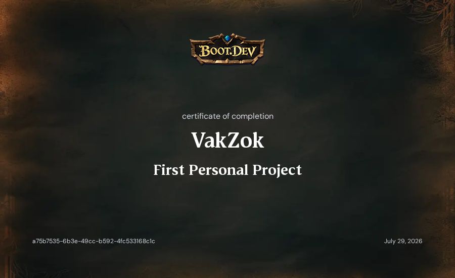 VakZok's Boot.dev First Personal Project certificate