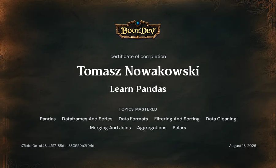 Tomasz Nowakowski's Boot.dev Learn Pandas certificate