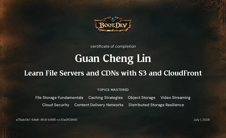Guan Cheng Lin's Boot.dev Learn File Servers and CDNs with S3 and CloudFront certificate