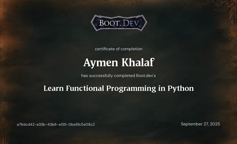 Aymen Khalaf's Boot.dev Learn Functional Programming in Python certificate