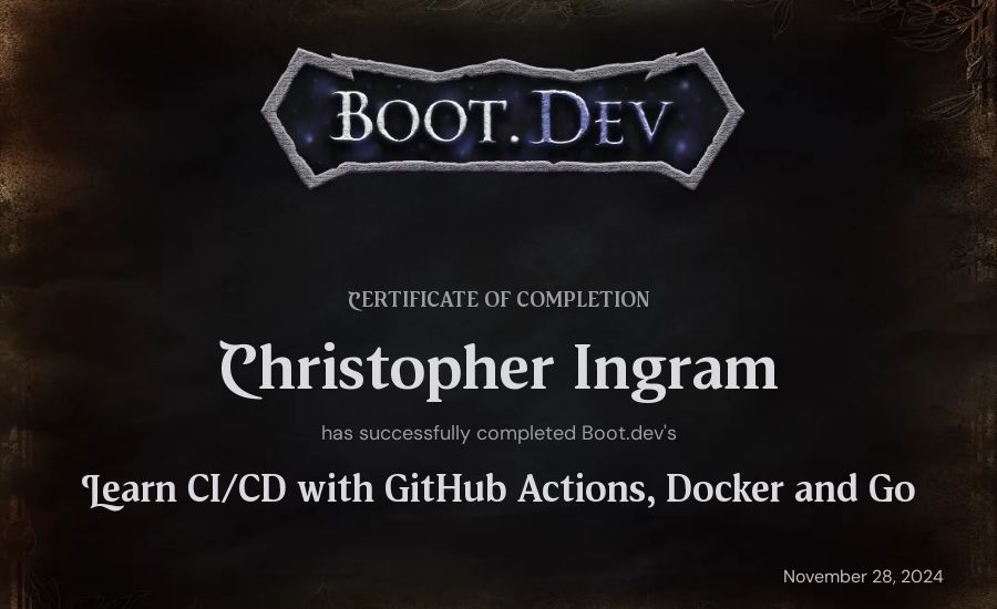 Christopher Ingram's Boot.dev Learn CI/CD with GitHub Actions, Docker and Go certificate
