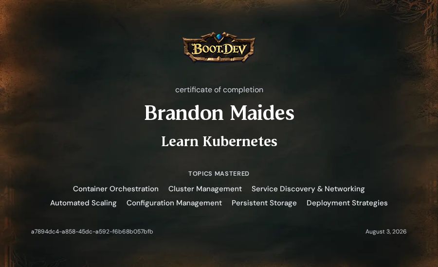 Brandon Maides's Boot.dev Learn Kubernetes certificate