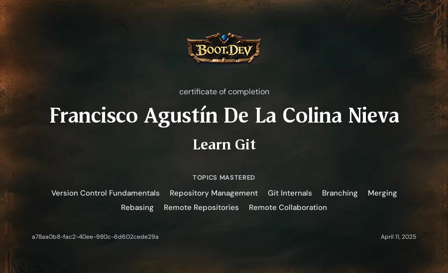Francisco Agustín De La Colina Nieva's Boot.dev Learn Git certificate