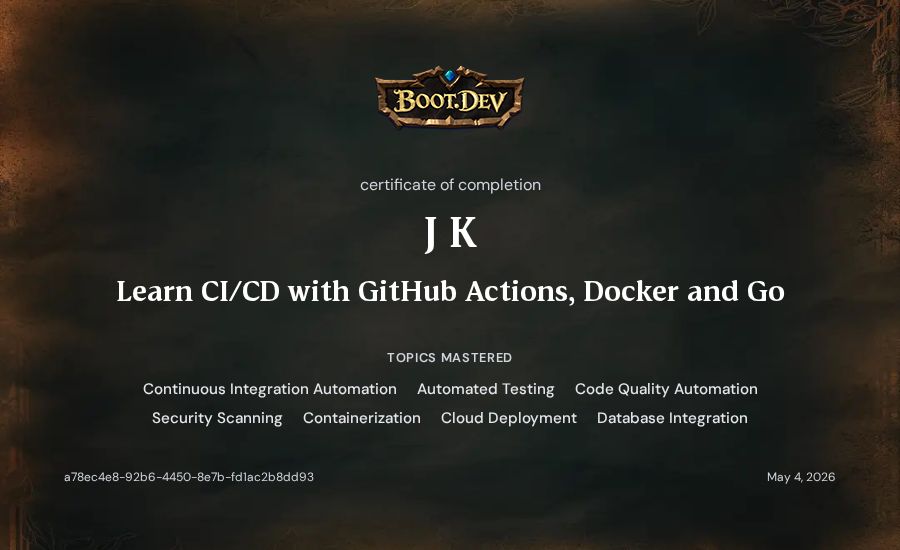 J K's Boot.dev Learn CI/CD with GitHub Actions, Docker and Go certificate