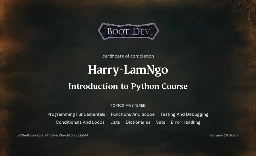Harry-LamNgo's Boot.dev Introduction to Python Course certificate