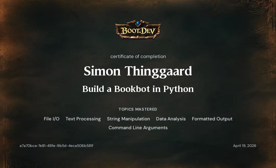 Simon Thinggaard's Boot.dev Build a BookBot in Python certificate