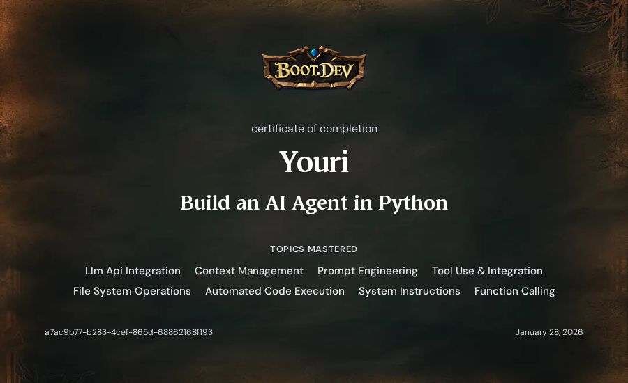 Youri's Boot.dev Build an AI Agent in Python certificate