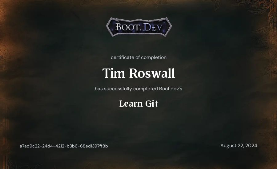 Tim Roswall's Boot.dev Learn Git certificate