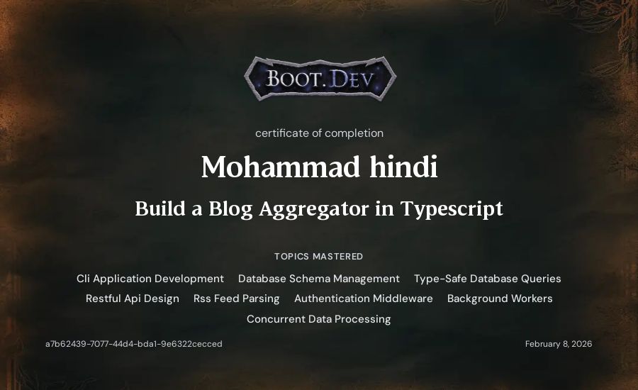 Mohammad hindi's Boot.dev Build a Blog Aggregator in TypeScript certificate