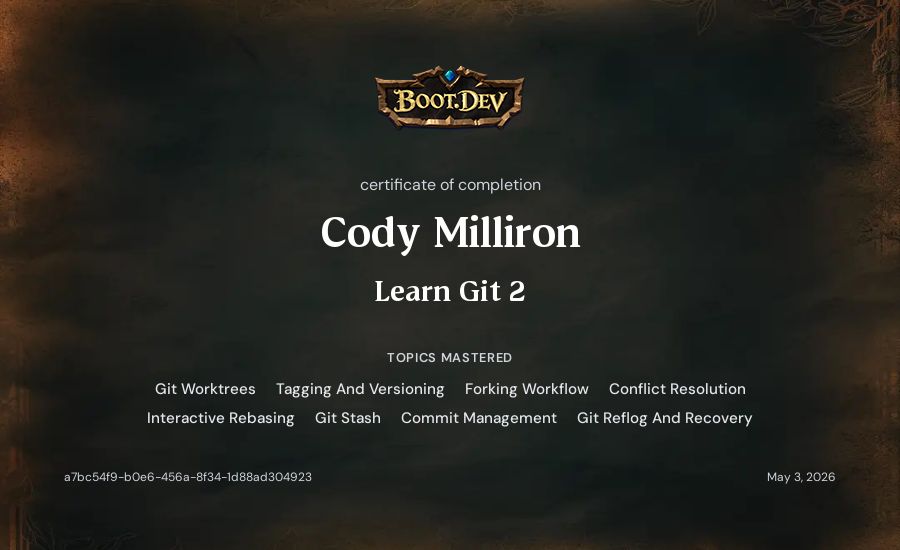 Cody Milliron's Boot.dev Learn Git 2 certificate