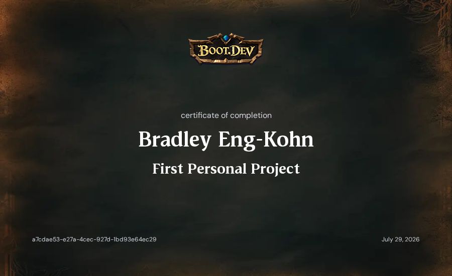 Bradley Eng-Kohn's Boot.dev First Personal Project certificate