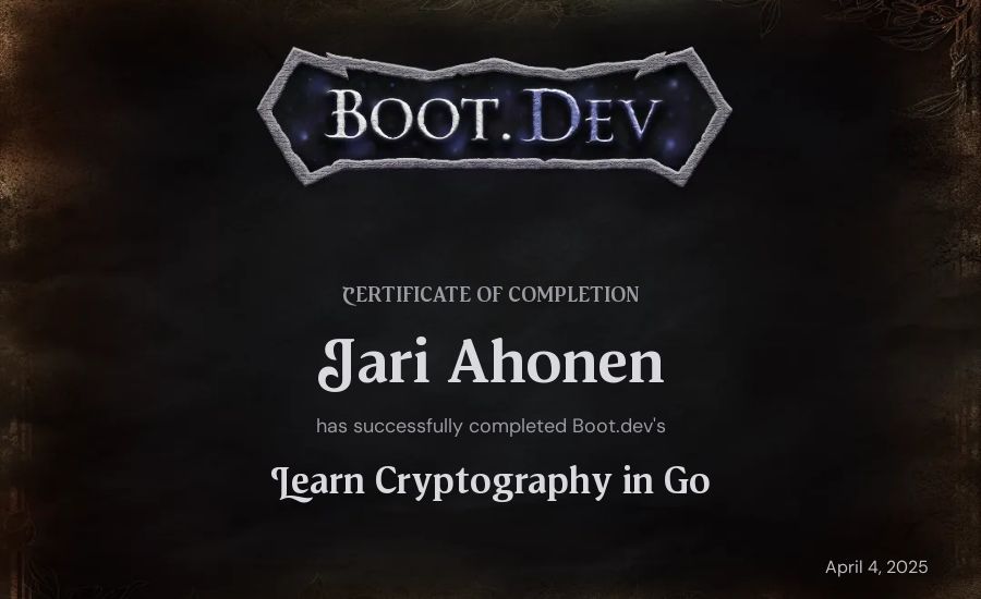 Jari Ahonen's Boot.dev Learn Cryptography in Go certificate