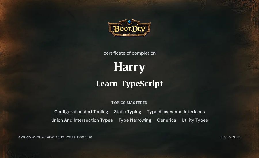 Harry's Boot.dev Learn TypeScript certificate