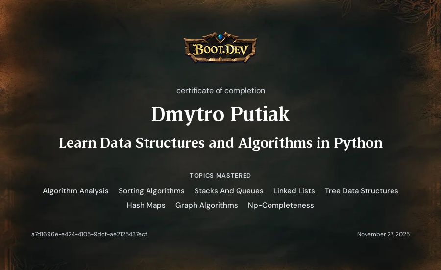 Dmytro Putiak's Boot.dev Learn Data Structures and Algorithms in Python certificate