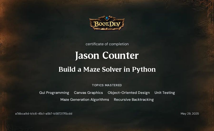Jason Counter's Boot.dev Build a Maze Solver in Python certificate