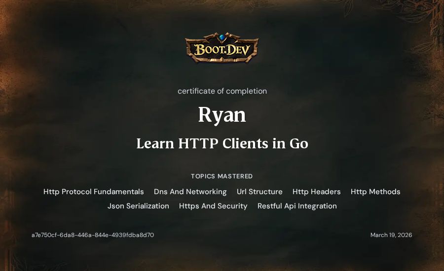 Ryan's Boot.dev Learn HTTP Clients in Go certificate