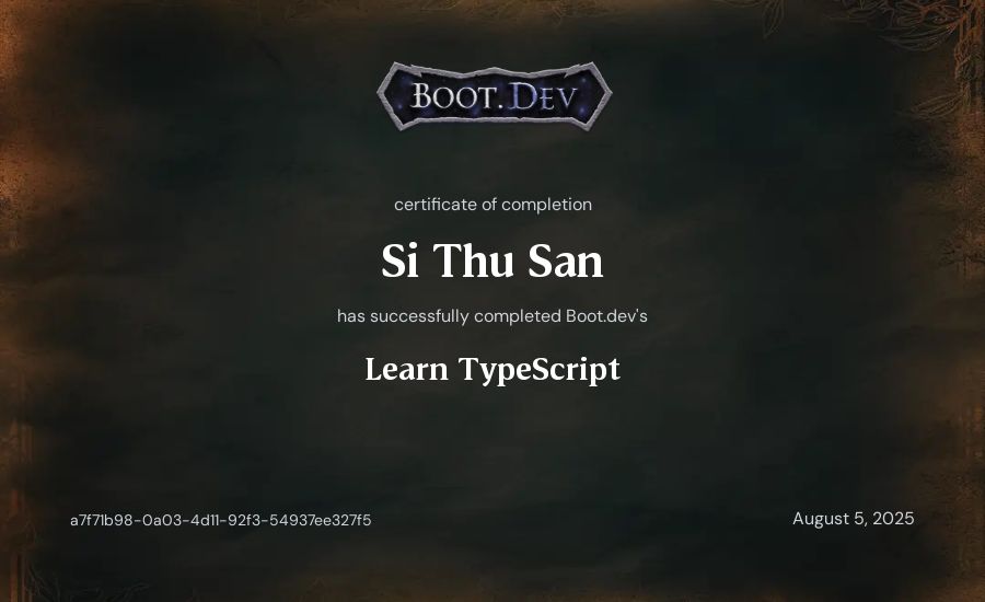 Si Thu San's Boot.dev Learn TypeScript certificate