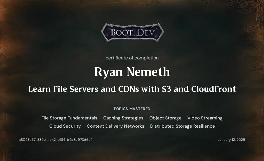 Ryan Nemeth's Boot.dev Learn File Servers and CDNs with S3 and CloudFront certificate