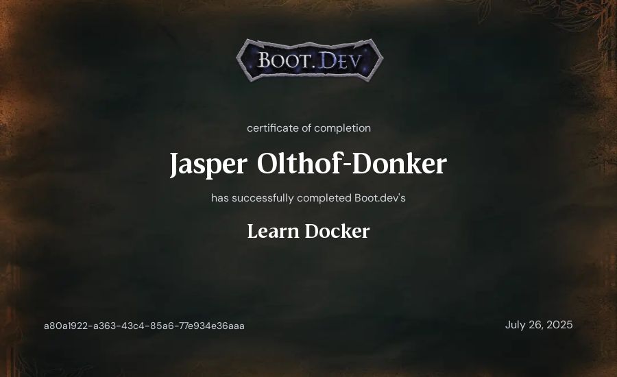 Jasper Olthof-Donker's Boot.dev Learn Docker certificate