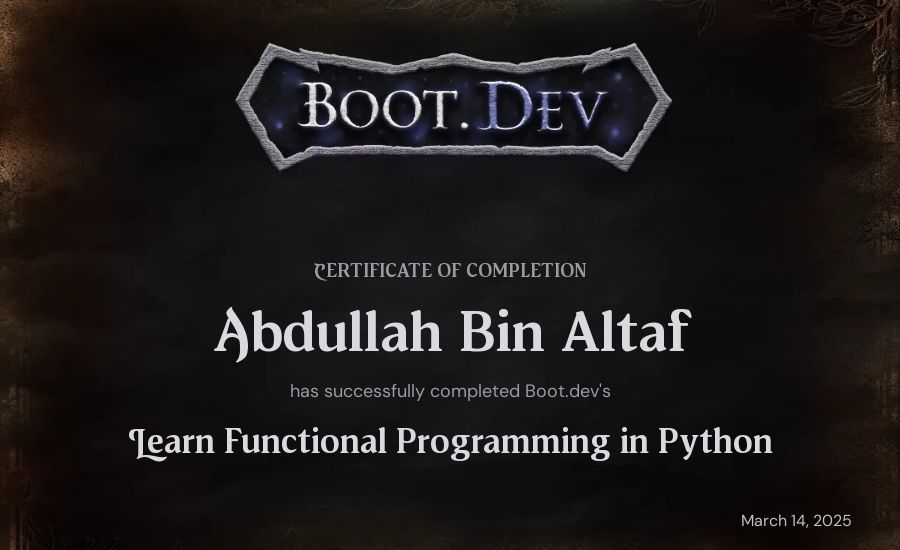 Abdullah Bin Altaf's Boot.dev Learn Functional Programming in Python certificate
