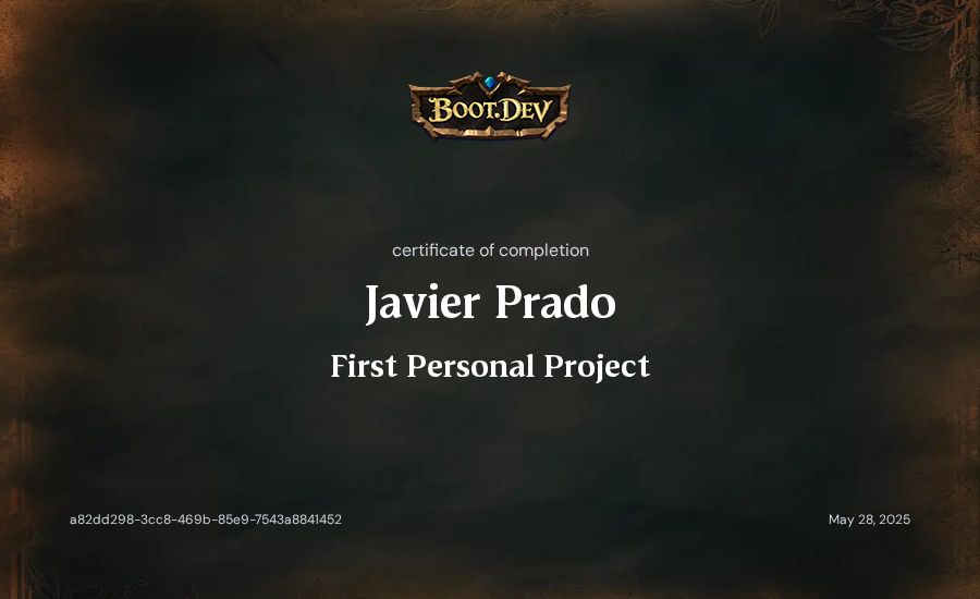 Javier Prado's Boot.dev First Personal Project certificate