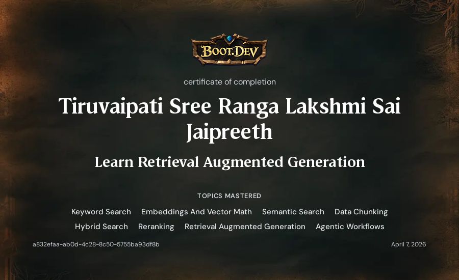 Tiruvaipati Sree Ranga Lakshmi Sai Jaipreeth's Boot.dev Learn Retrieval Augmented Generation certificate