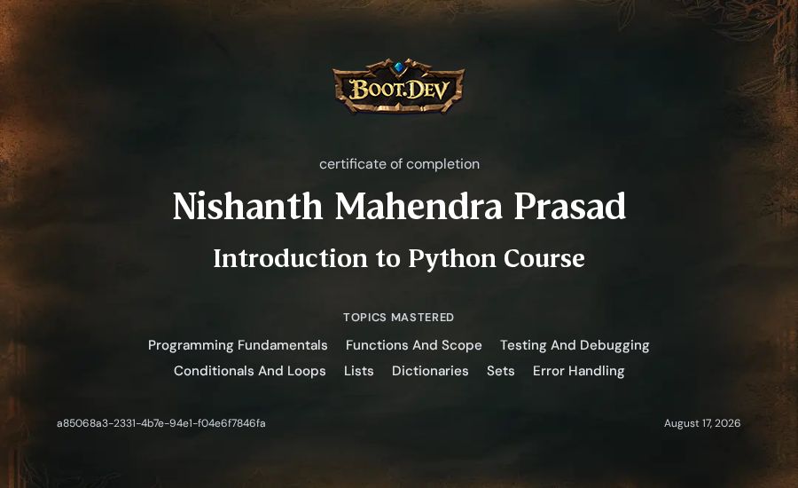 Nishanth Mahendra Prasad's Boot.dev Introduction to Python Course certificate